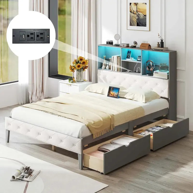 Costway Full Size Bed Frame with Bookcase Headboard Storage Bed with