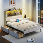 Costway Full Size Bed Frame with Bookcase Headboard Storage Bed with