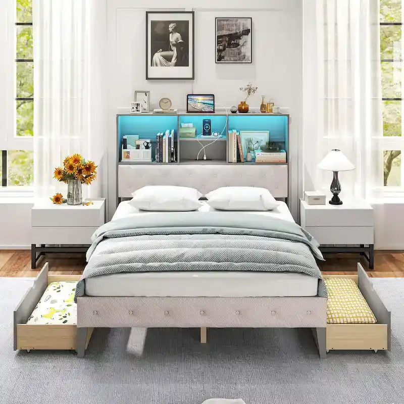 Costway Full Size Bed Frame with Bookcase Headboard Storage Bed with