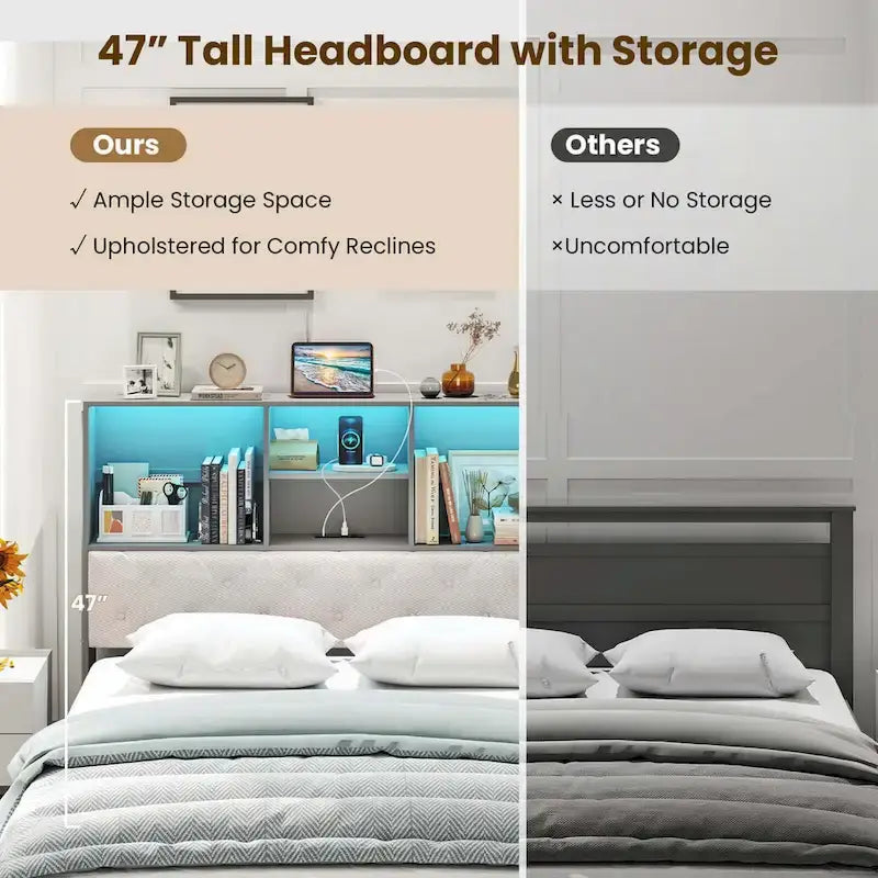 Costway Full Size Bed Frame with Bookcase Headboard Storage Bed with