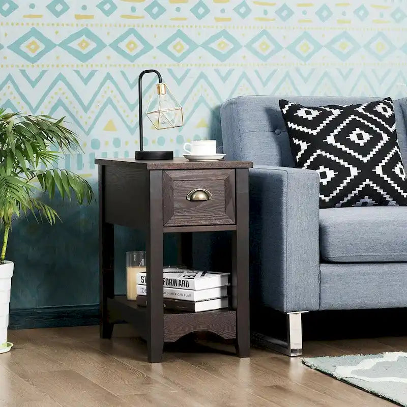 Gymax Set of 2 Contemporary Side End Table Compact Table w/ Drawer - 13 X 22 X 23 (L X W X H)