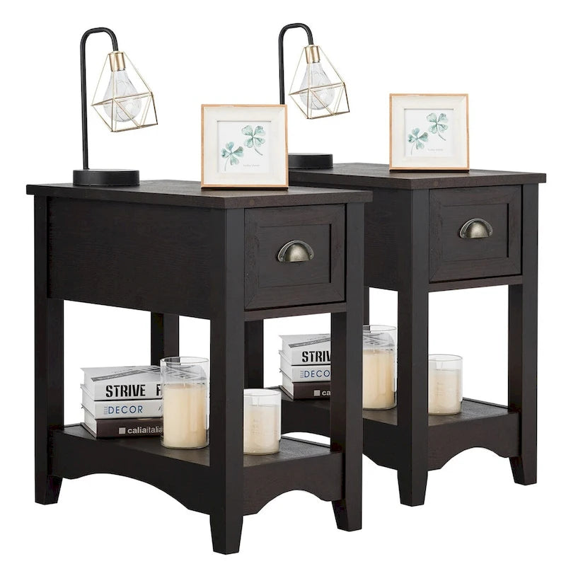 Gymax Set of 2 Contemporary Side End Table Compact Table w/ Drawer - 13 X 22 X 23 (L X W X H)