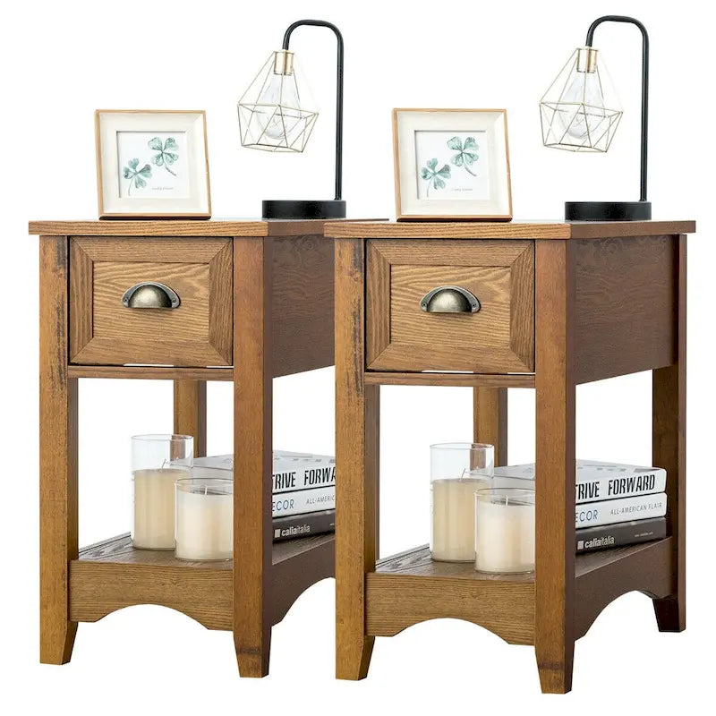 Gymax Set of 2 Contemporary Side End Table Compact Table w/ Drawer - 13 X 22 X 23 (L X W X H)