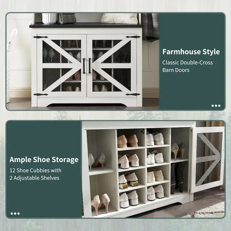 42 Wide Farmhouse Entryway Bench with Coat Rack, Mudroom Cabinet