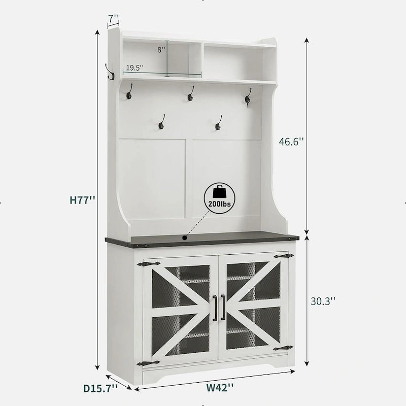 42 Wide Farmhouse Entryway Bench with Coat Rack, Mudroom Cabinet