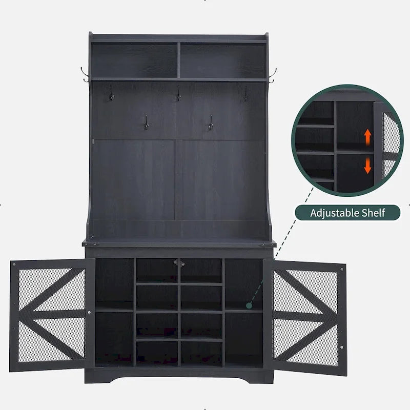 42 Wide Farmhouse Entryway Bench with Coat Rack, Mudroom Cabinet