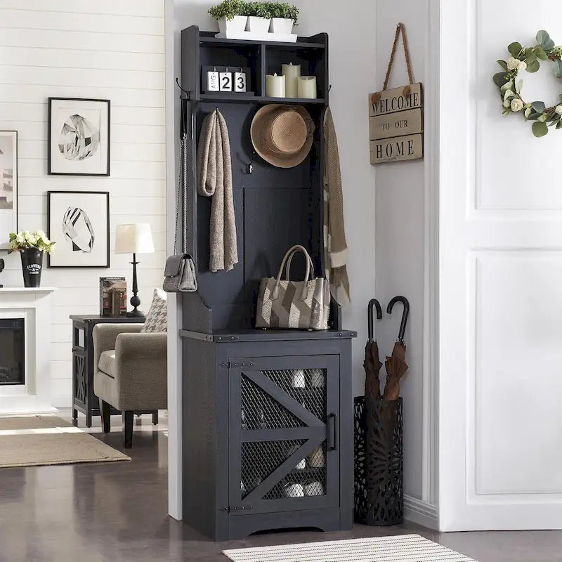 23 Wide Farmhouse Entryway Bench with Coat Rack, Hall Tree Cabinet
