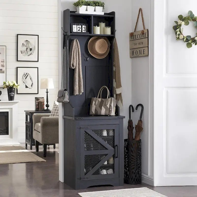 23 Wide Farmhouse Entryway Bench with Coat Rack, Hall Tree Cabinet