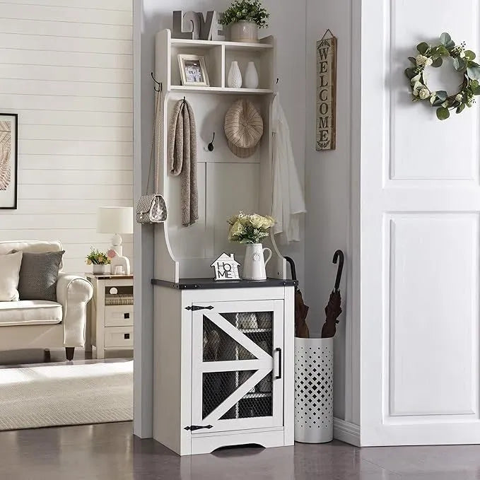 23 Wide Farmhouse Entryway Bench with Coat Rack, Hall Tree Cabinet