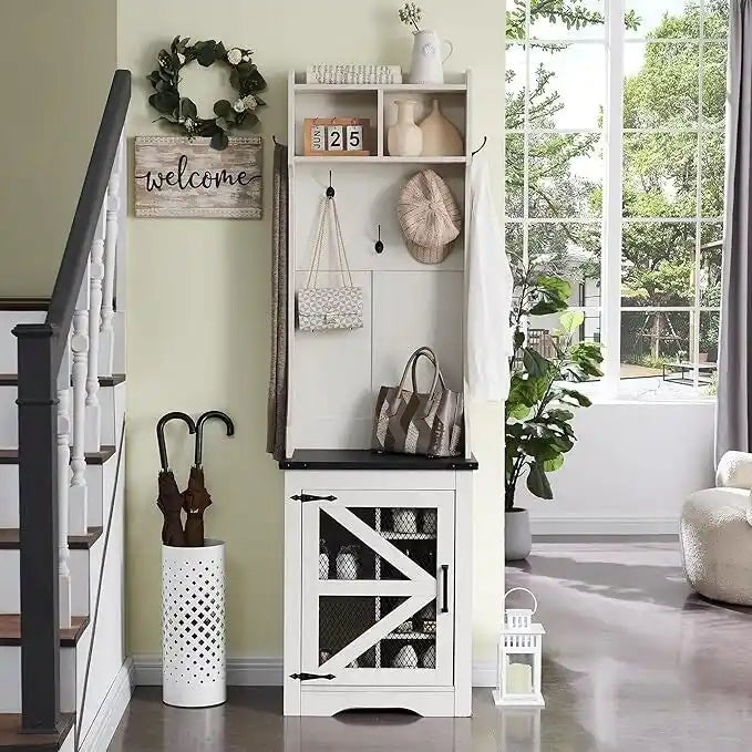 23 Wide Farmhouse Entryway Bench with Coat Rack, Hall Tree Cabinet