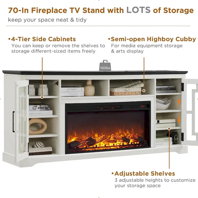 Farmhouse Fireplace TV Stand for 80 Inch TV, Entertainment Center