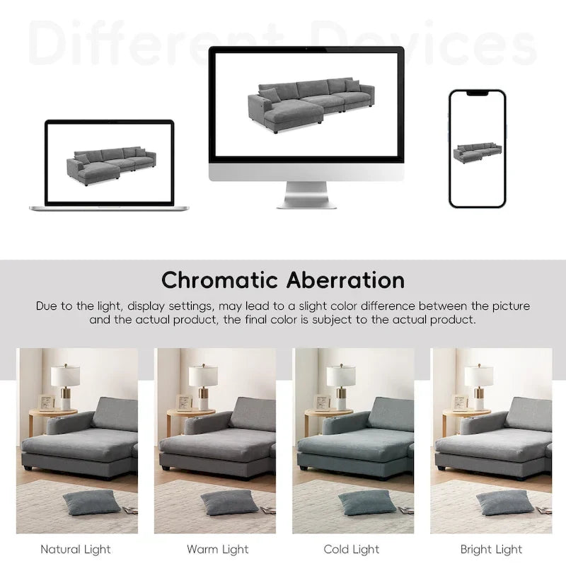134 Corduroy Sectional Sofa with L-Shaped Cloud Couch and USB Charging & 50 Chaise (330lb Capacity)