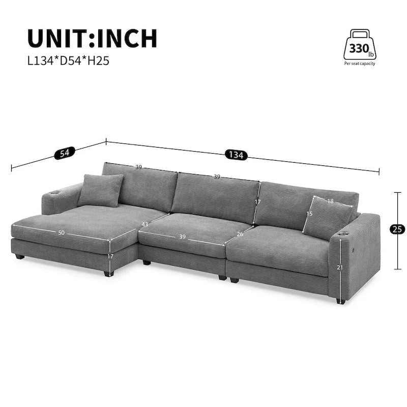 134 Corduroy Sectional Sofa with L-Shaped Cloud Couch and USB Charging & 50 Chaise (330lb Capacity)