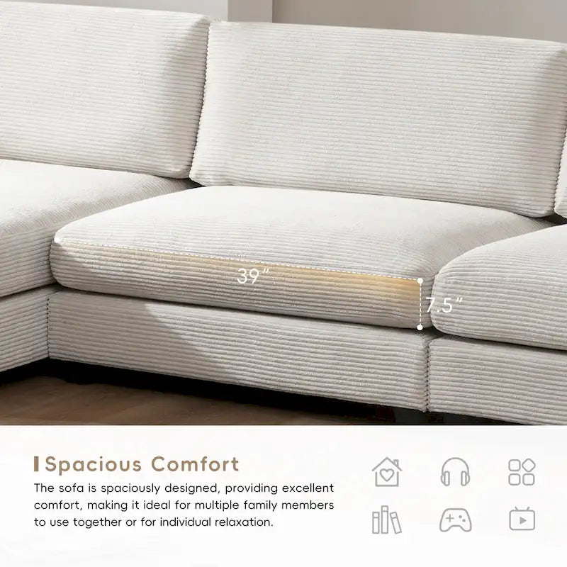 134 Corduroy Sectional Sofa with L-Shaped Cloud Couch and USB Charging & 50 Chaise (330lb Capacity)