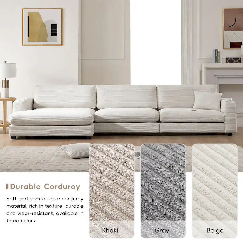 134 Corduroy Sectional Sofa with L-Shaped Cloud Couch and USB Charging & 50 Chaise (330lb Capacity)