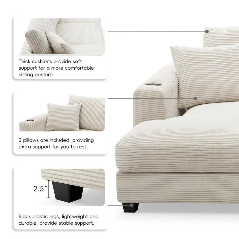 134 Corduroy Sectional Sofa with L-Shaped Cloud Couch and USB Charging & 50 Chaise (330lb Capacity)