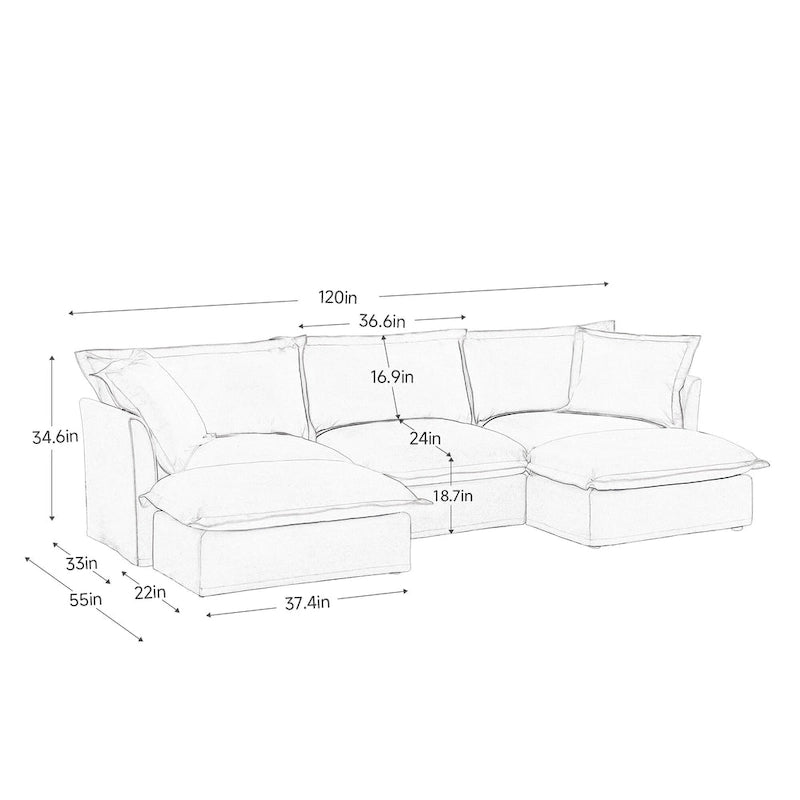 120 U-Shaped Chenille Sectional Sofa with 3-Seater and French Edge Pillows & Cloud Cushions