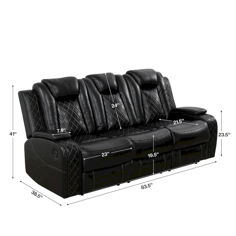 Modern 3-Piece Leather Recliner Sofa Set with LED, Wireless Charging