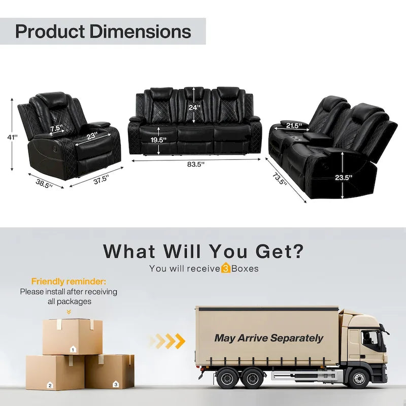 Modern 3-Piece Leather Recliner Sofa Set with LED, Wireless Charging