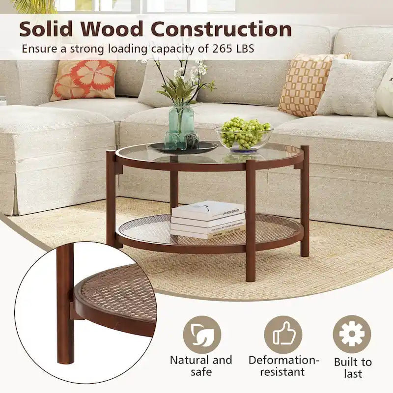 Costway Wooden 31 Round Coffee Table with Tempered Glass Top Handmade - Cherry+Transparent - See Details