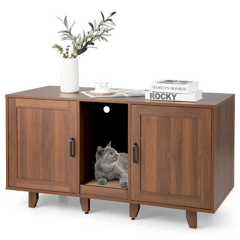Gymax Cat Litter Box Enclosure Hidden Cat Washroom w/ 2 Doors