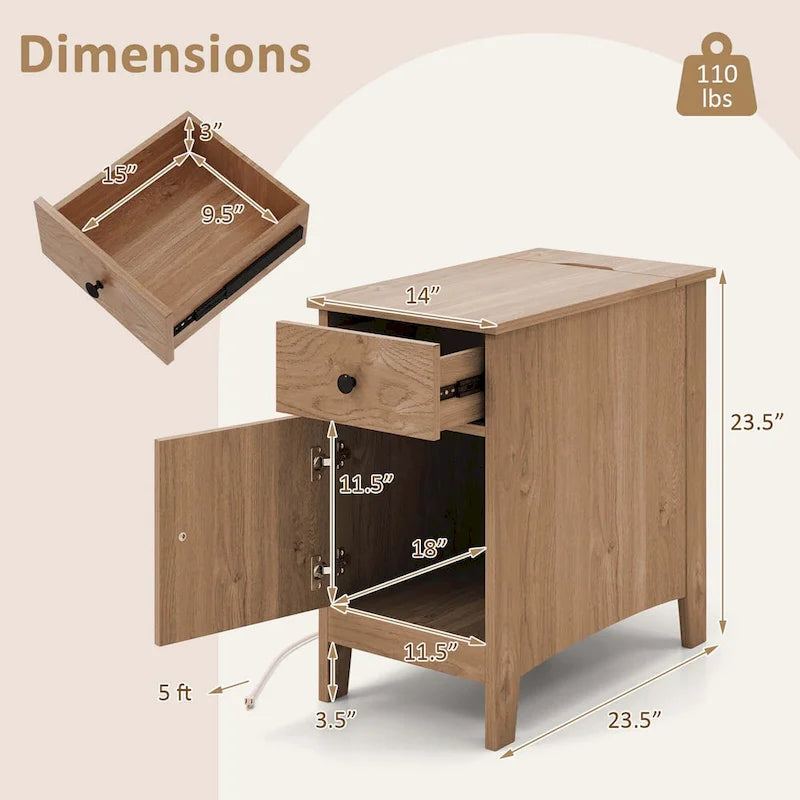 Costway 1/2 PCS End Table with Charging Station Flip Top Bedside Table