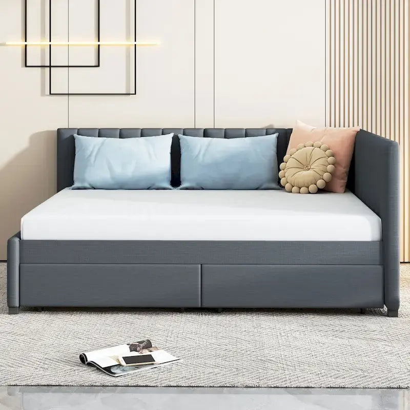 Full Size Upholstered Daybed with 2 Storage Drawers Sofa Bed Frame No Box Spring Needed, Linen Fabric, Beige