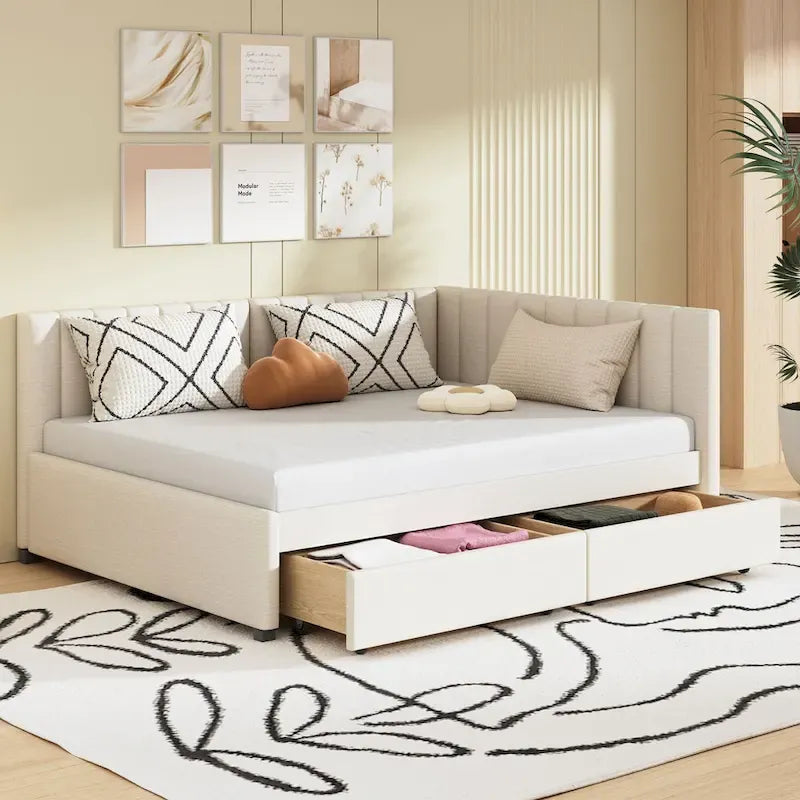 Full Size Upholstered Daybed with 2 Storage Drawers Sofa Bed Frame No Box Spring Needed, Linen Fabric, Beige