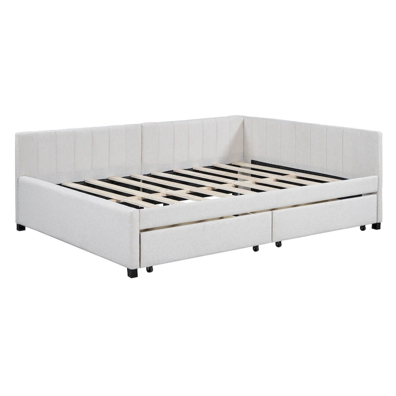 Full Size Upholstered Daybed with 2 Storage Drawers Sofa Bed Frame No Box Spring Needed, Linen Fabric, Beige