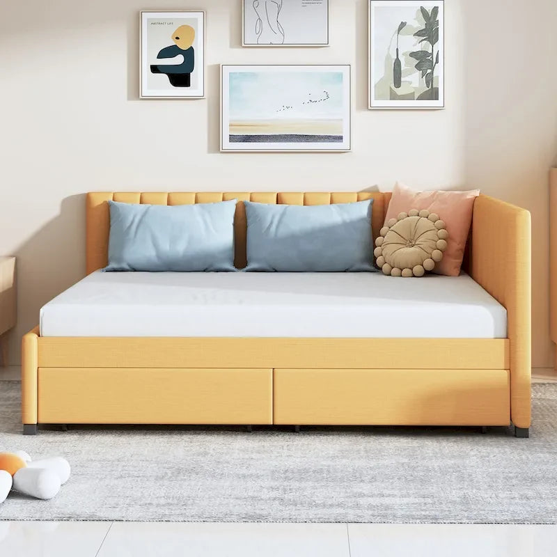 Full Size Upholstered Daybed with 2 Storage Drawers Sofa Bed Frame No Box Spring Needed, Linen Fabric, Beige