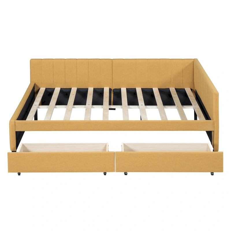 Full Size Upholstered Daybed with 2 Storage Drawers Sofa Bed Frame No Box Spring Needed, Linen Fabric, Beige