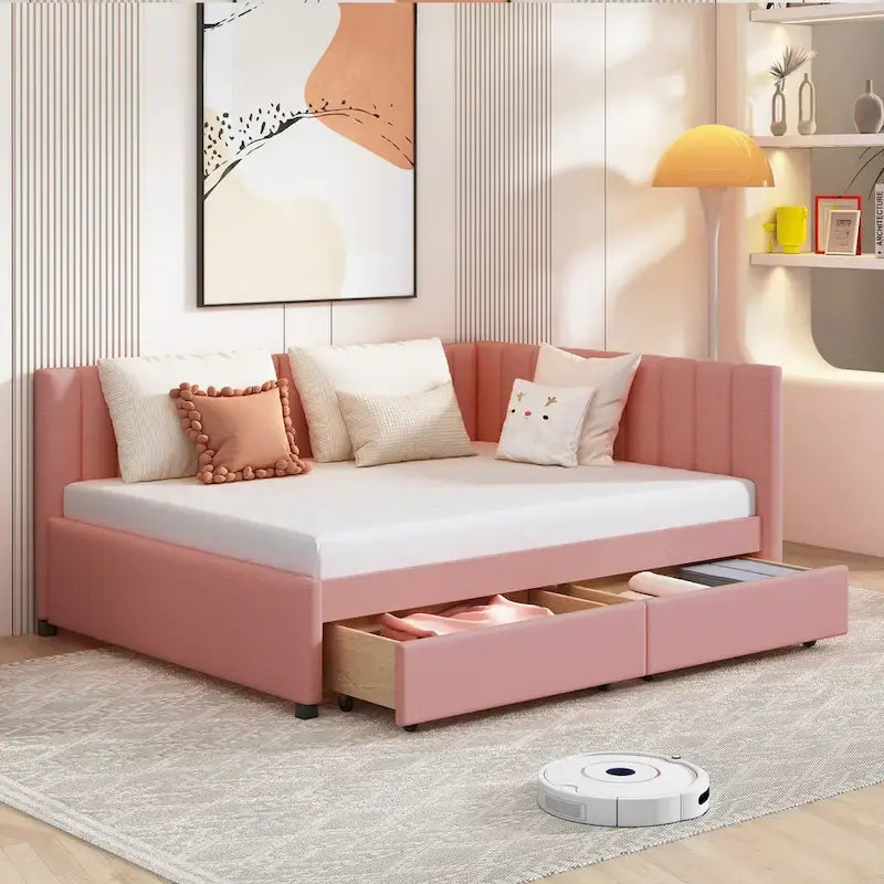 Full Size Upholstered Daybed with 2 Storage Drawers Sofa Bed Frame No Box Spring Needed, Linen Fabric, Beige