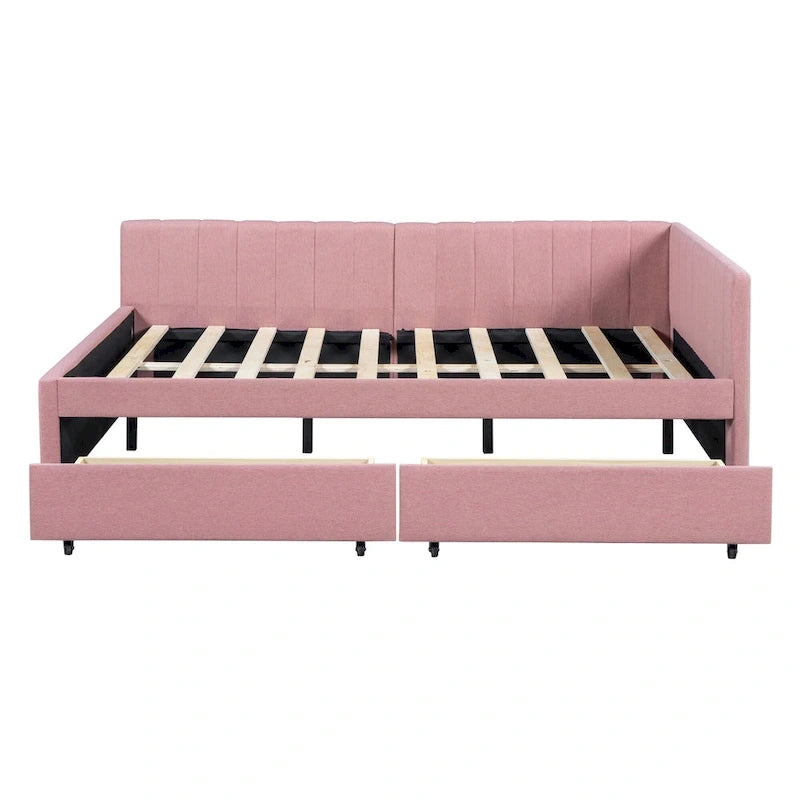 Full Size Upholstered Daybed with 2 Storage Drawers Sofa Bed Frame No Box Spring Needed, Linen Fabric, Beige