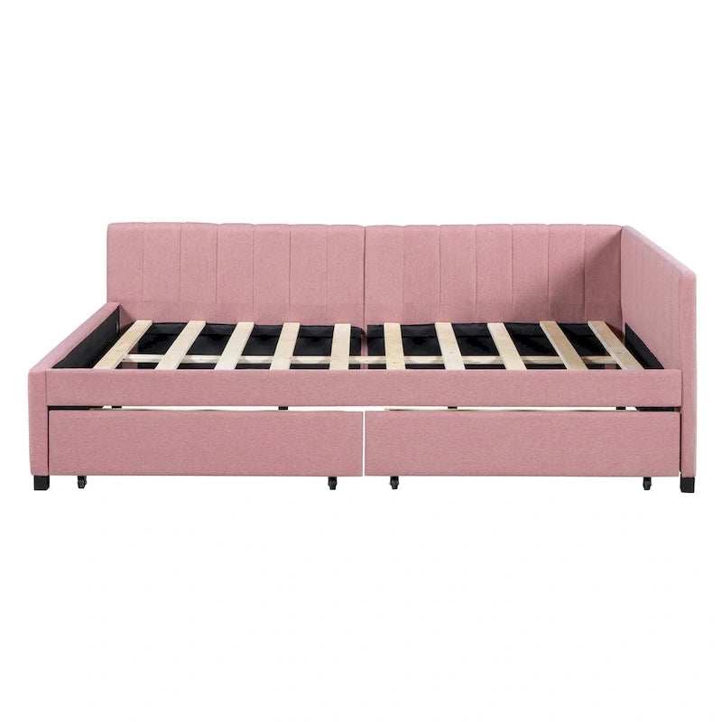 Full Size Upholstered Daybed with 2 Storage Drawers Sofa Bed Frame No Box Spring Needed, Linen Fabric, Beige