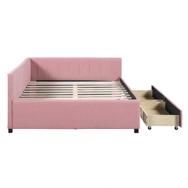 Full Size Upholstered Daybed with 2 Storage Drawers Sofa Bed Frame No Box Spring Needed, Linen Fabric, Beige