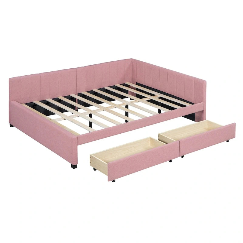 Full Size Upholstered Daybed with 2 Storage Drawers Sofa Bed Frame No Box Spring Needed, Linen Fabric, Beige