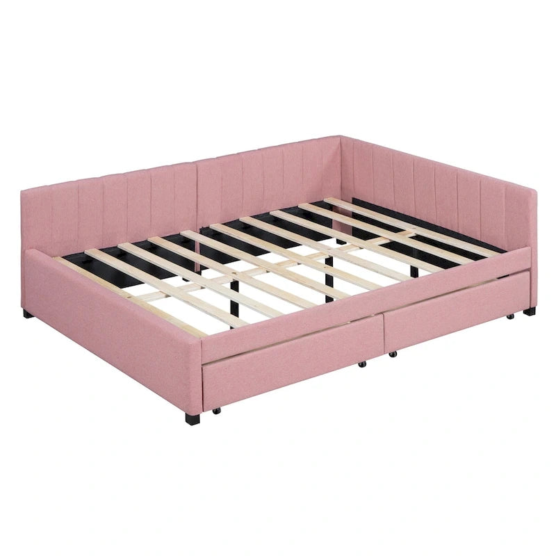Full Size Upholstered Daybed with 2 Storage Drawers Sofa Bed Frame No Box Spring Needed, Linen Fabric, Beige
