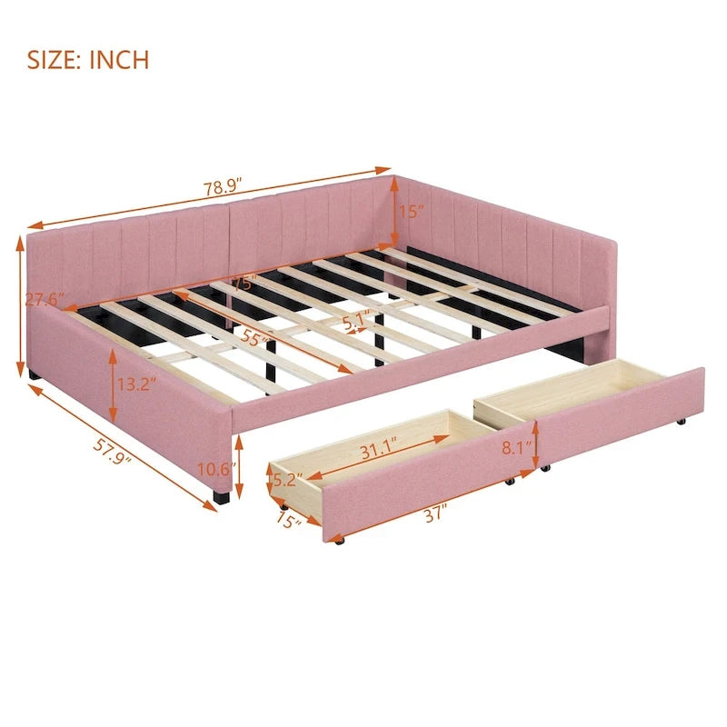 Full Size Upholstered Daybed with 2 Storage Drawers Sofa Bed Frame No Box Spring Needed, Linen Fabric, Beige
