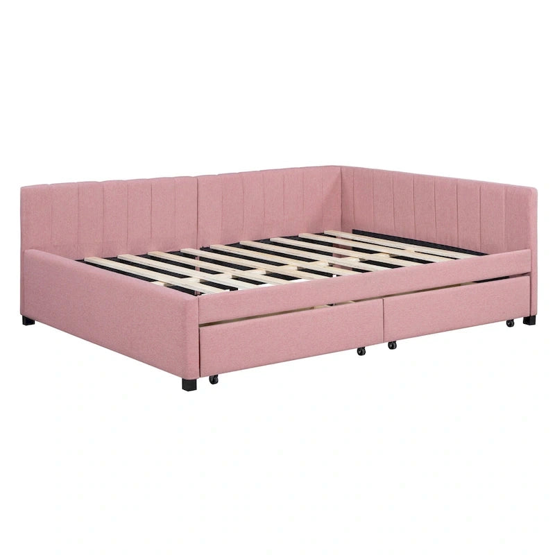 Full Size Upholstered Daybed with 2 Storage Drawers Sofa Bed Frame No Box Spring Needed, Linen Fabric, Beige