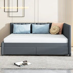 Full Size Upholstered Daybed with 2 Storage Drawers Sofa Bed Frame No Box Spring Needed, Linen Fabric, Beige