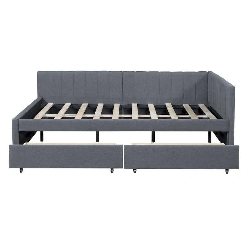 Full Size Upholstered Daybed with 2 Storage Drawers Sofa Bed Frame No Box Spring Needed, Linen Fabric, Beige
