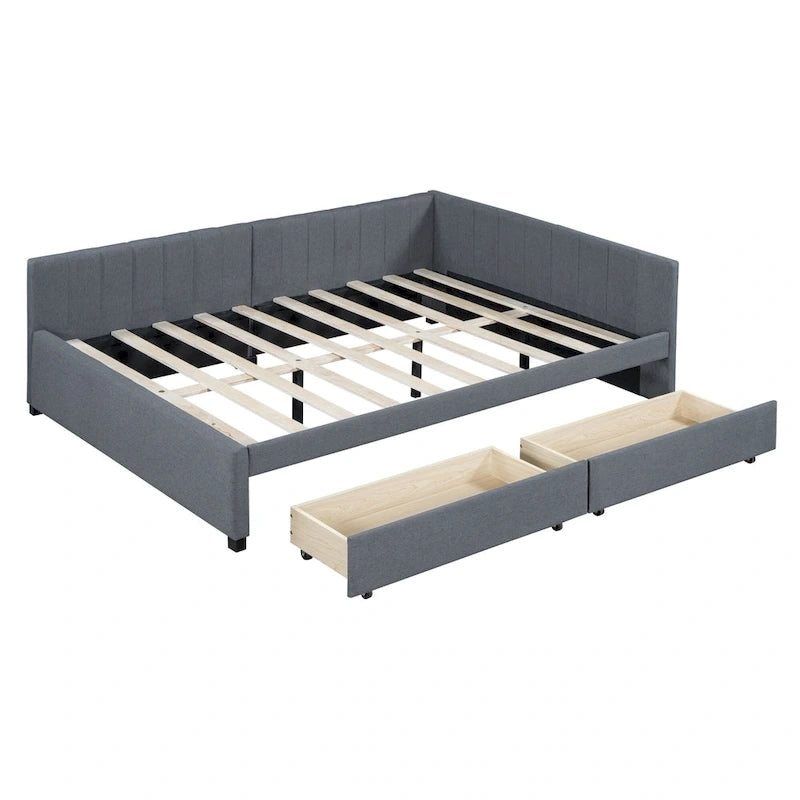 Full Size Upholstered Daybed with 2 Storage Drawers Sofa Bed Frame No Box Spring Needed, Linen Fabric, Beige