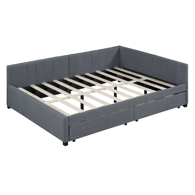 Full Size Upholstered Daybed with 2 Storage Drawers Sofa Bed Frame No Box Spring Needed, Linen Fabric, Beige