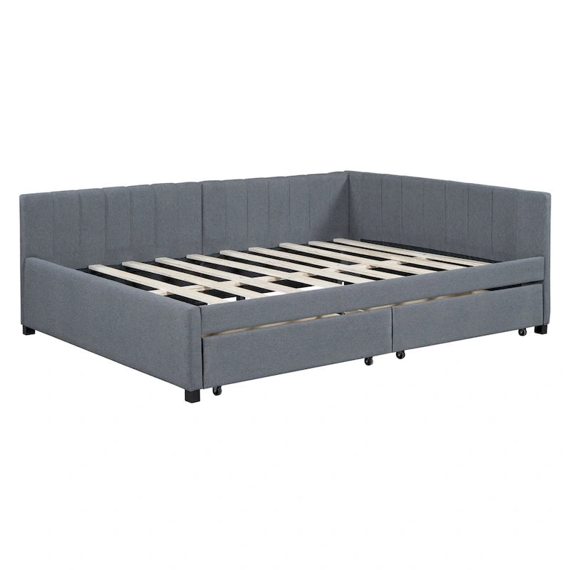 Full Size Upholstered Daybed with 2 Storage Drawers Sofa Bed Frame No Box Spring Needed, Linen Fabric, Beige