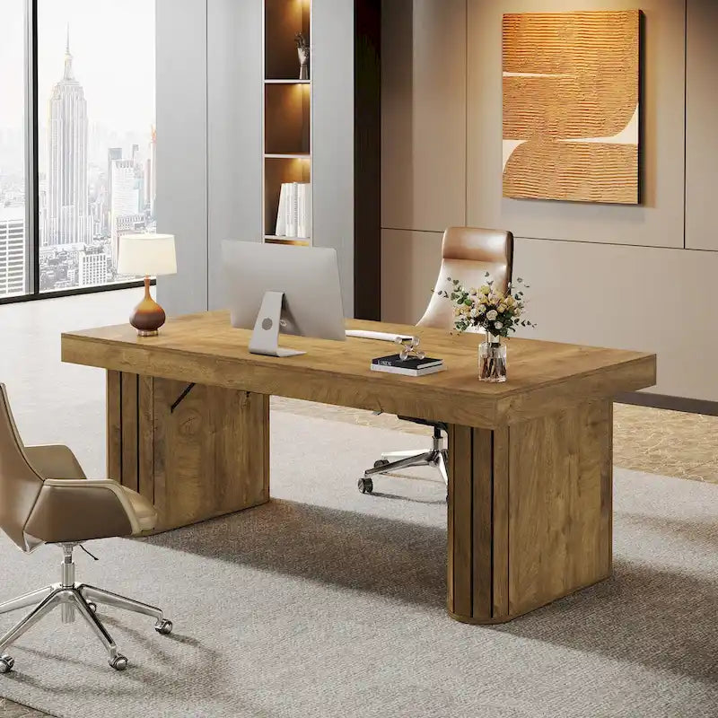 70.9 Executive Desk, Farmhouse Computer Desk, Large Workstation for Home Office, Brown