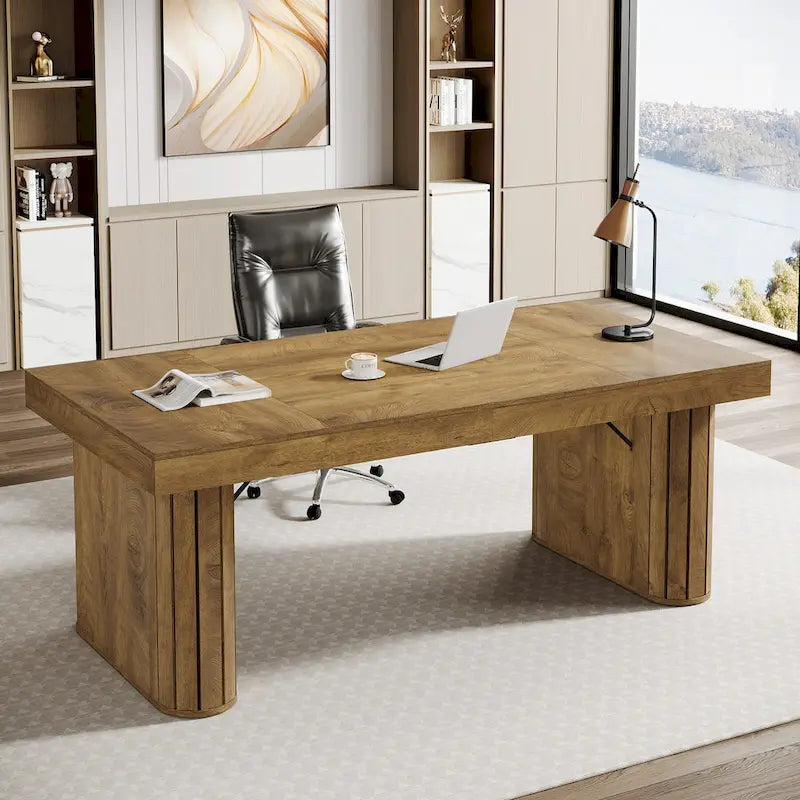 70.9 Executive Desk, Farmhouse Computer Desk, Large Workstation for Home Office, Brown