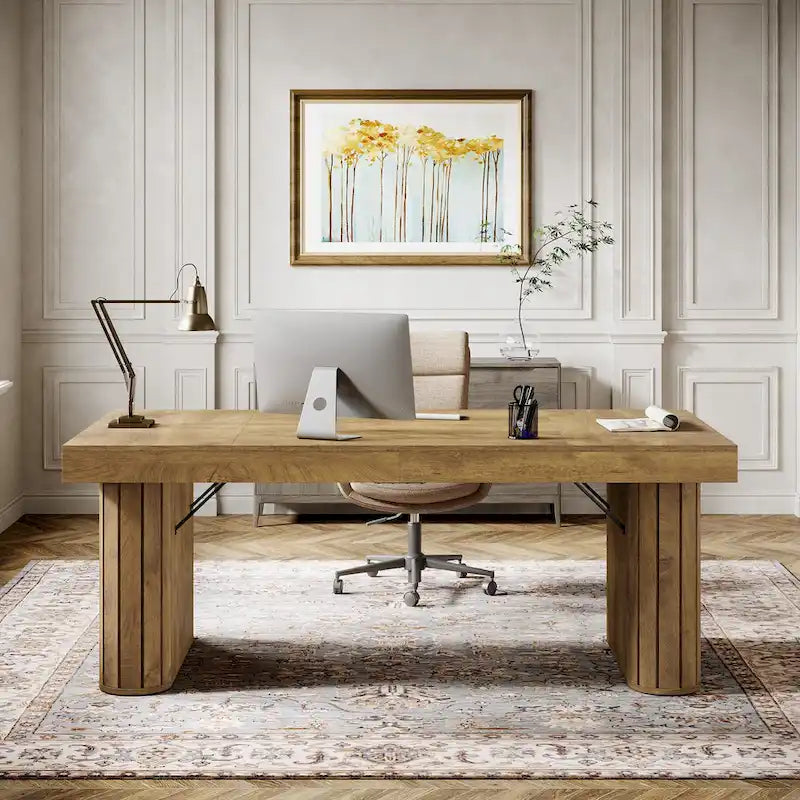 70.9 Executive Desk, Farmhouse Computer Desk, Large Workstation for Home Office, Brown