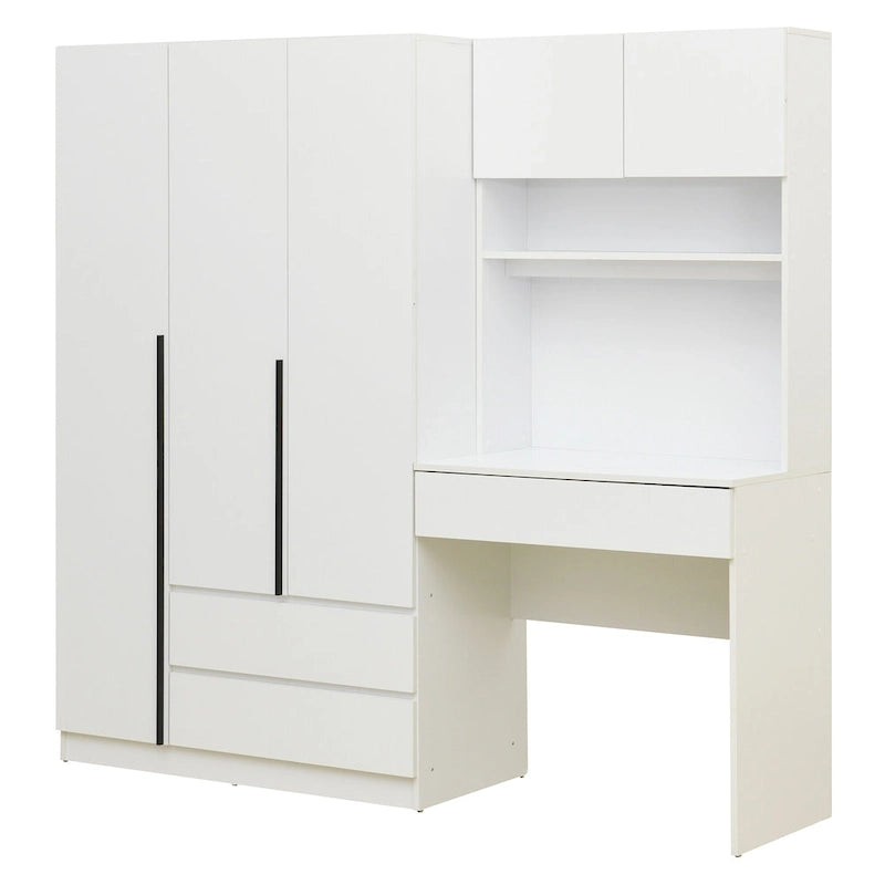 3-in-1 Wardrobe Closet with Vanity Desk, Desk Set, Bedroom Armoire with 2 Drawers 3-Door Storage Desk Wardrobe