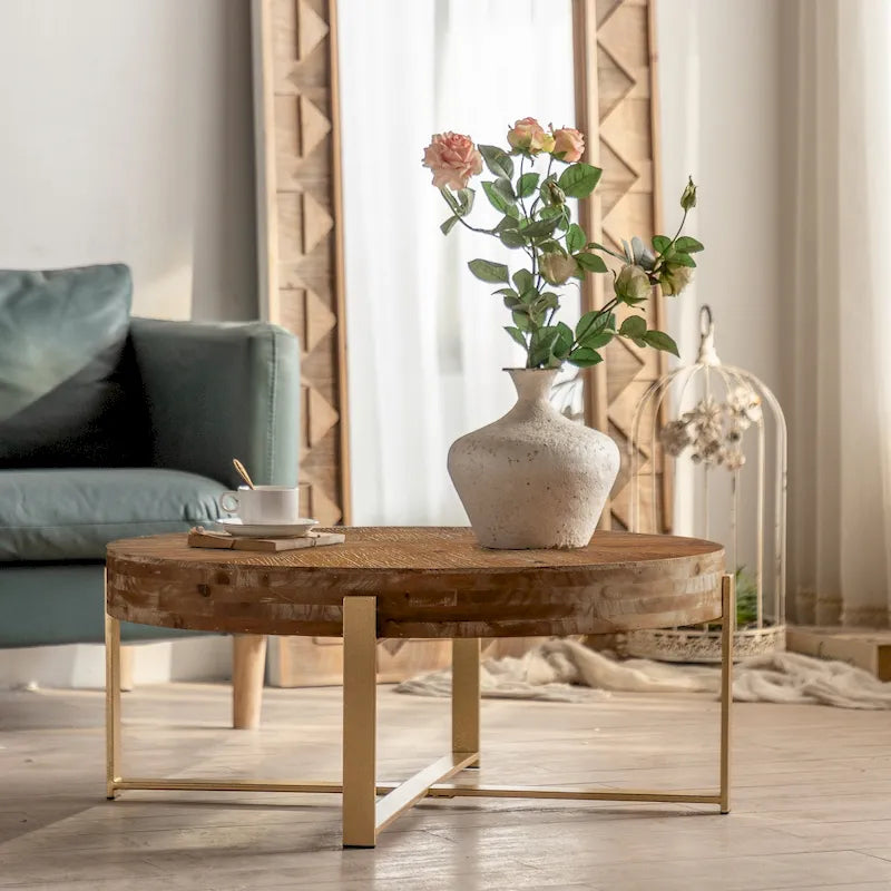 Modern Retro Splicing Round Coffee Table Simple Coffee Table with Fir Wood Tabletop Gold Cross Leg, for Living Room