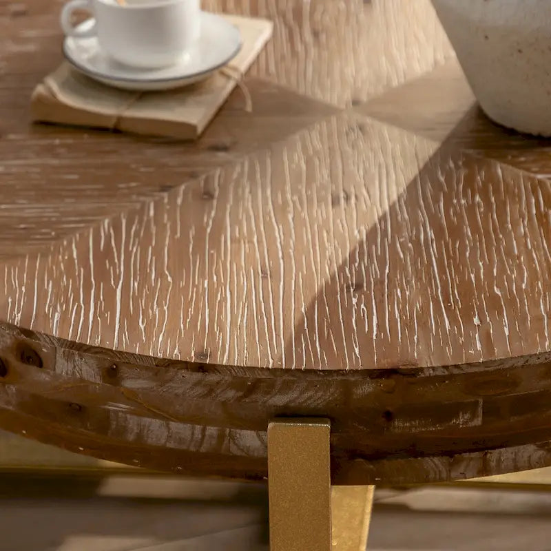 Modern Retro Splicing Round Coffee Table Simple Coffee Table with Fir Wood Tabletop Gold Cross Leg, for Living Room